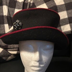 Vintage Liz Claiborne Black Wool Hat with Red Trim and Brooch